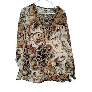 White Stage Women's Artsy Large Tunic Multicolor Pullover Long Sleeve Blouse Top